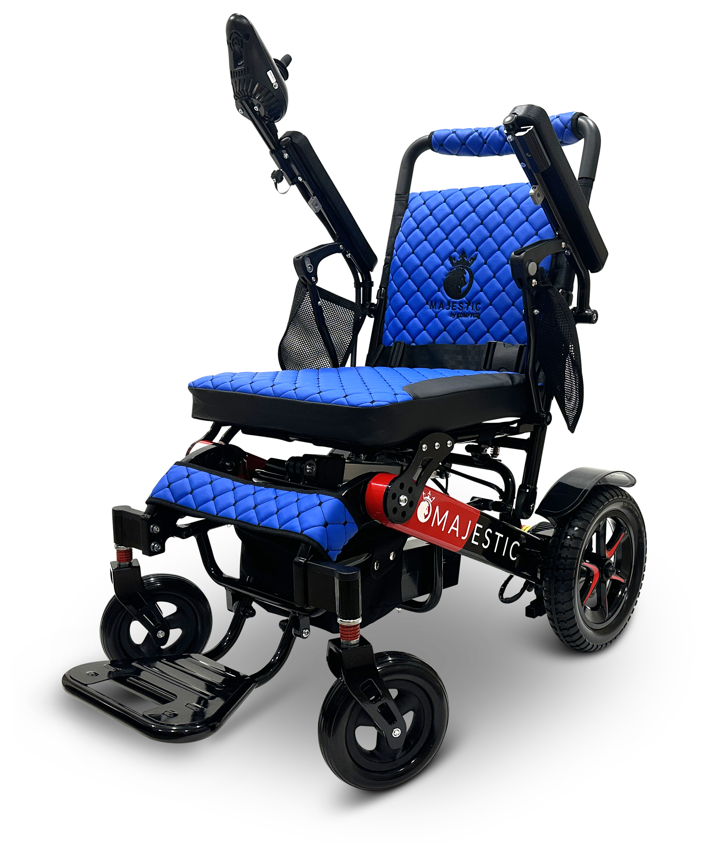 The MAJESTIC IQ-7000 Remote Controlled Electric Wheelchair features blue quilted upholstery, a robust black frame, adjustable armrests, and a footrest at the base. Its intelligent joystick ensures smooth operation, while red accents on the wheels and side branding enhance its sleek design.